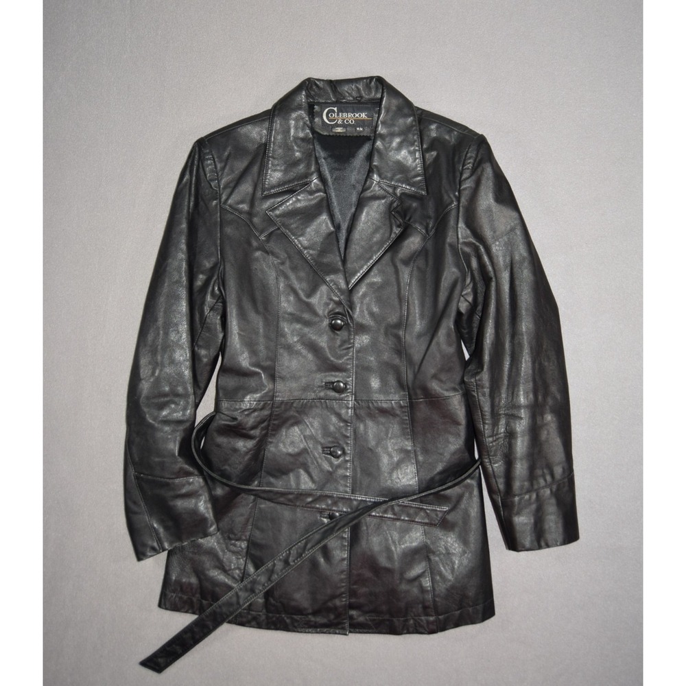 Colebrook Jacket Womens Medium Black Leather Biker Blazer Belted Mid Length